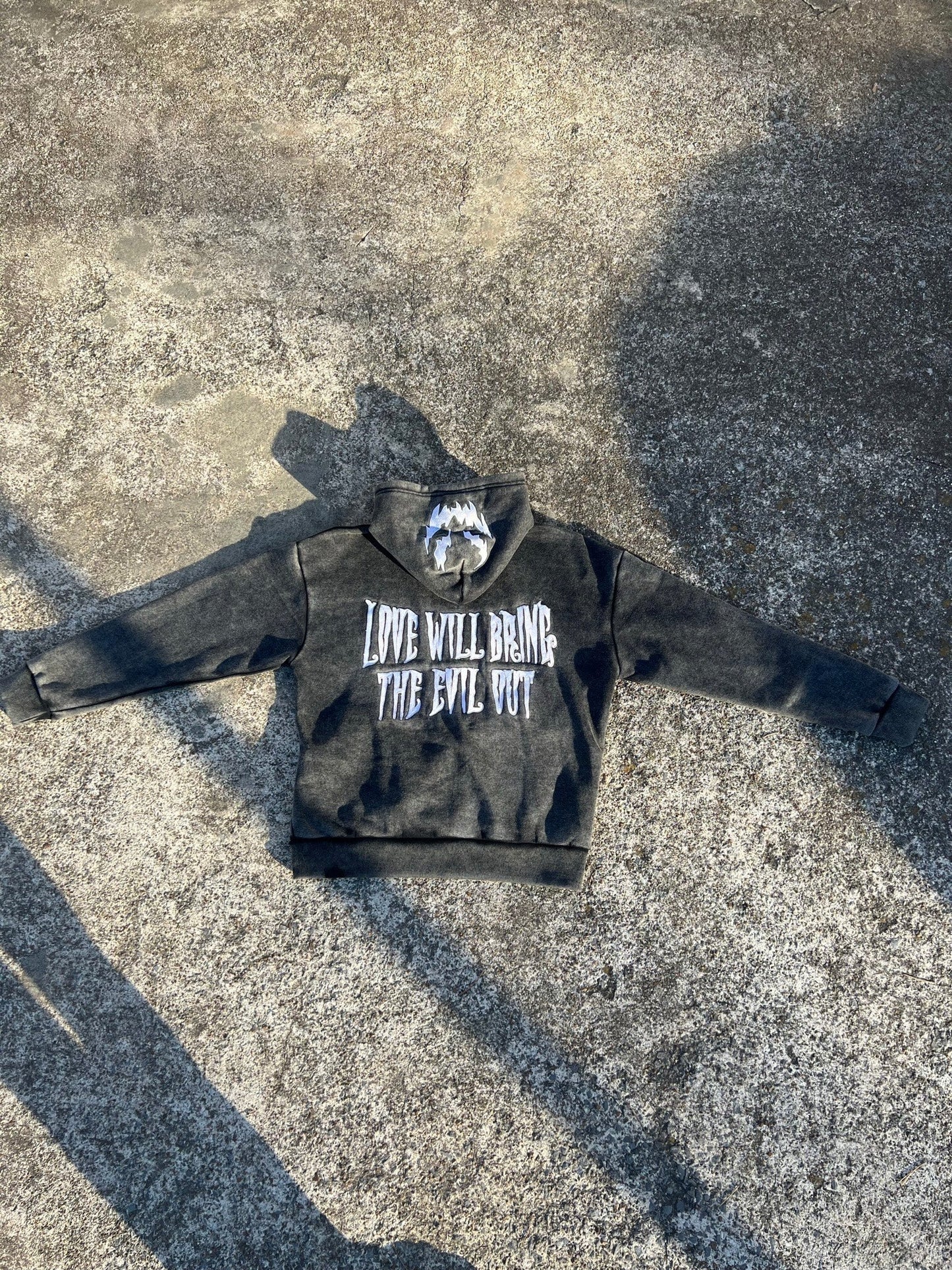 BLACK ACID WASH LOVEHURTS HOODIE