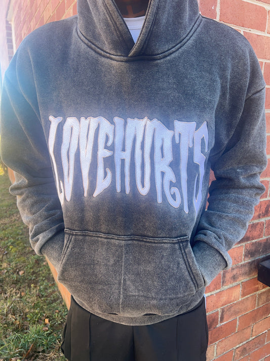 BLACK ACID WASH LOVEHURTS HOODIE